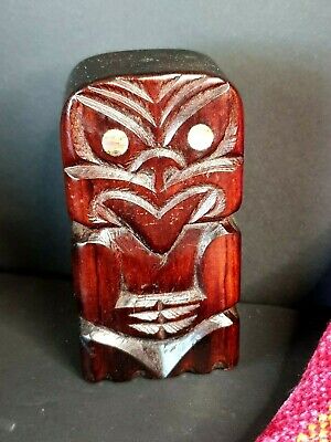 Old New Zealand Carved Wooden Maori Tiki Salt Shaker w Paua Eyes