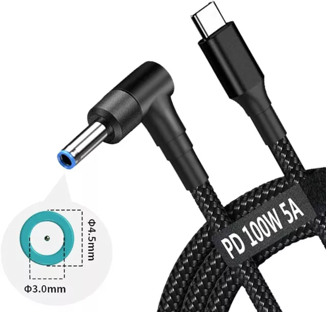 USB-C to DC 4.5*3.0mm Plug Adapter Cable 100W PD Fast Charger Cord For HP Laptop