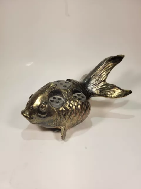 Antique Japan  Brass Ikebana Flower Frog 21 Hole Swimming Koi Fish