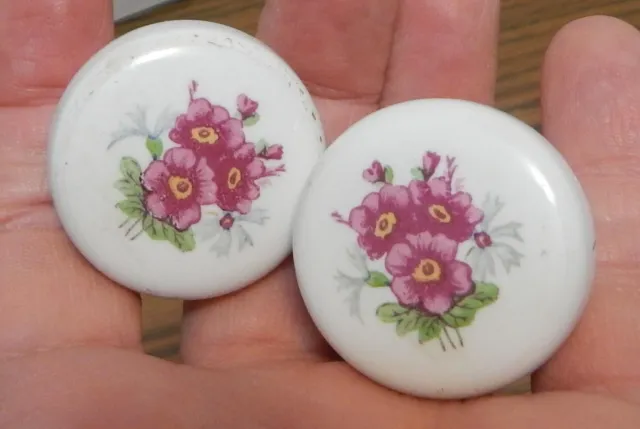 TWO VTG Pink Roses on White Porcelain Cabinet Knobs Drawer Pulls FREE SHIPPING