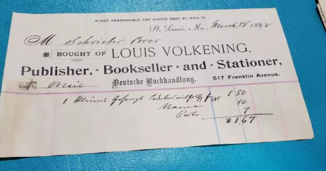 Vignette Billhead Letterhead Ephemera LOUIS VOLKENING  BOOKS & STATIONERY 1898