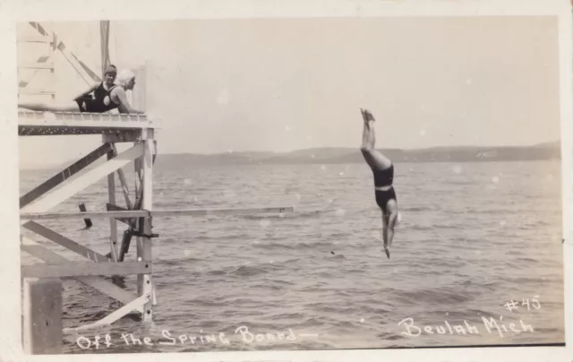 NW Beulah MI RPPC BEACH BABE RESORT ERA FAMILY FUN on beautiful Crystal Lake! 1