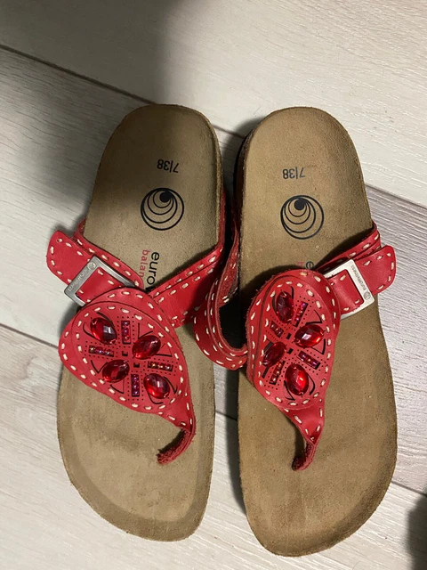 Euro Wellness Balance Womens Sandals Shoes Red Leather Thong Flip Flop Jewels 38