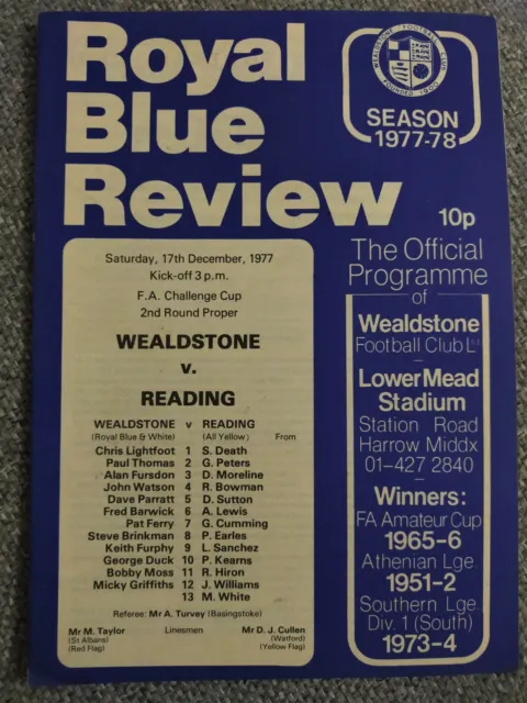 Wealdstone v Reading football programme, FA Challenge Cup, 17 December 1977