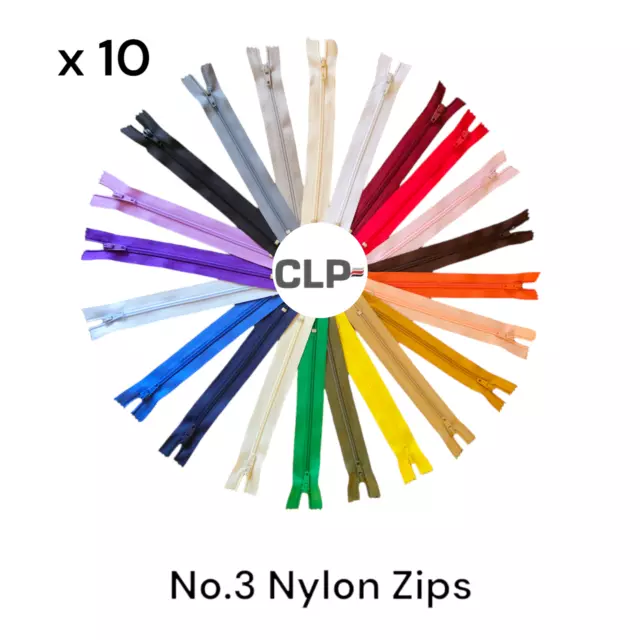 Nylon Zips No3 Closed End  6" - 24" Multi 22 colours Wholesale  10 zips per pack