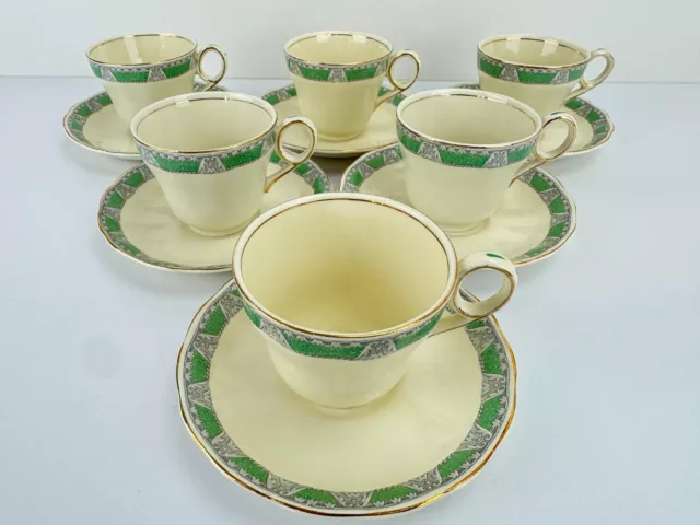 Vintage 1930s GRINDLEY Creampetal Balfour No 2 Green Tea Cup & Saucer Sets x 6