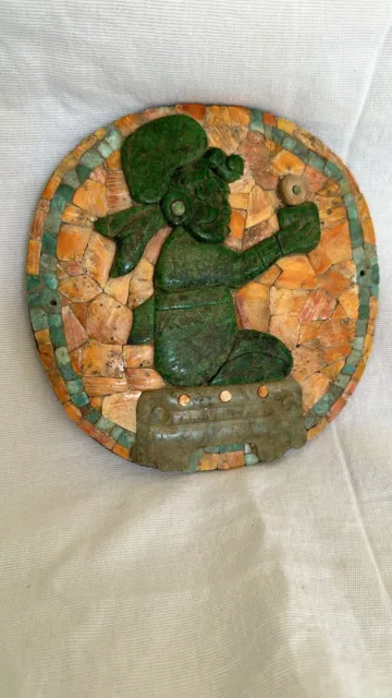 Precolumbian   Mayan Obsidian Mirrow  With Chacc God Inlay