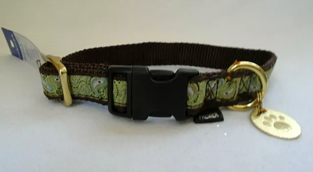 Premier Quick Snap Green Paisley Dog Collar Gold Paw Charm Small 10" - 14"