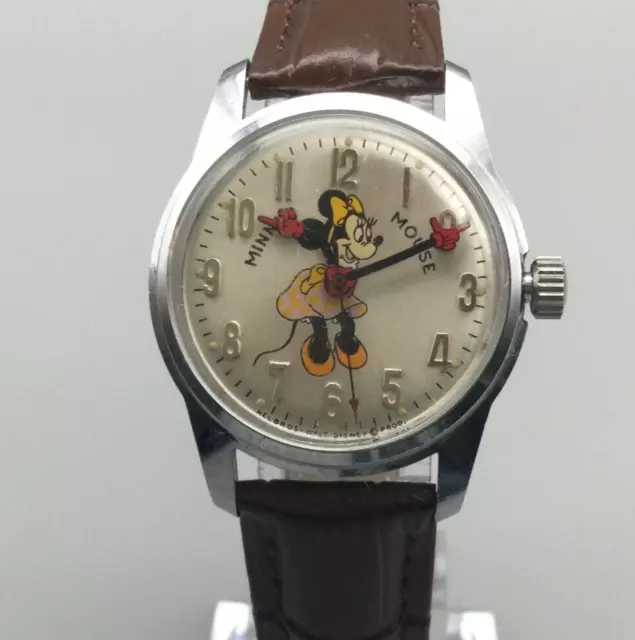 Vtg Helbros Disney Minnie Mouse Watch Women Silver Tone Leather Band Manual Wind