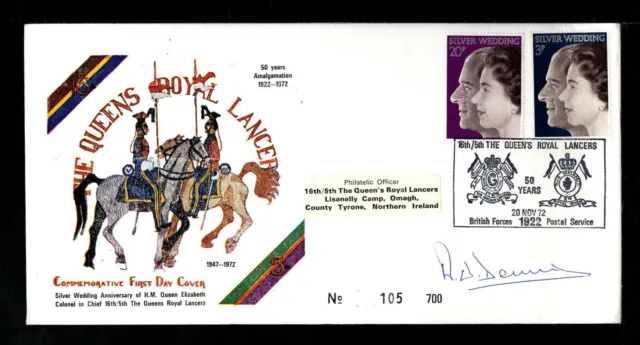 1972 SILVER WEDDING: Royal Lancers OFFICIAL FDC - Signed by Alastair Dennis