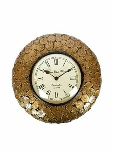 Laiton Abstrait Vieux Indien Monnaie Horloge Murale (31.8X32.8X7.9cm)