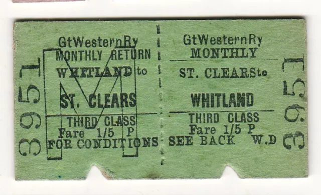 Railway  ticket GWR St Clears - Whitland