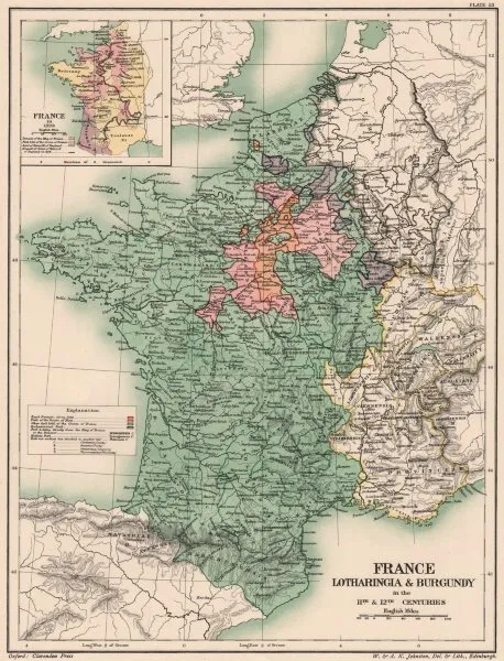 11TH & 12TH CENTURY FRANCE. Lotharingia & Burgundy. Inset in 1223 1902 old map