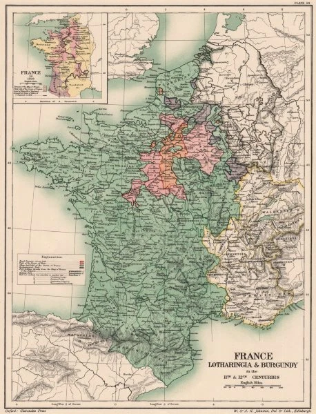 11TH & 12TH CENTURY FRANCE. Lotharingia & Burgundy. Inset in 1223 1902 old map