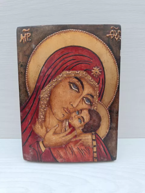 Religious Hand Painted Wooden Icon Virgin Mary Jesus Christ Child