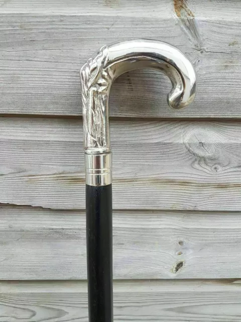 Solid Brass Handcraft Designer Silver Plated Handle W/Wooden Walking Stick Cane
