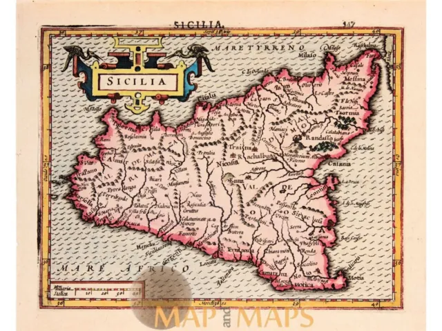 Sicilia. Early 17th century map, Italy Sicily by Mercator Hondius 1634
