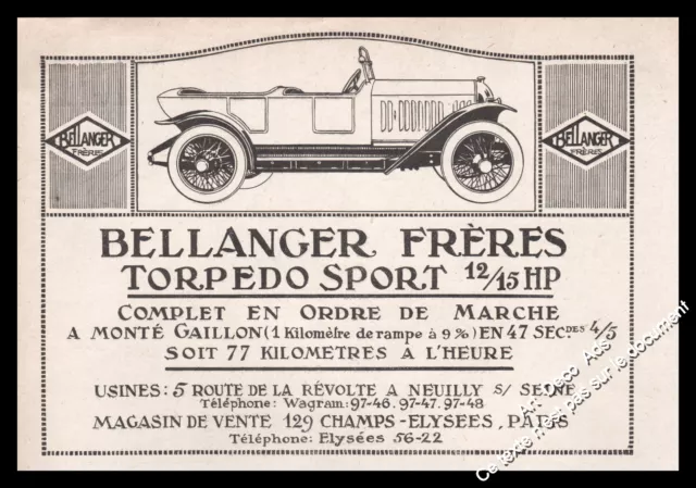 Publicité BELLANGER Frères Torpedo Sport 12/15 HP Vintage Ad Advertising 1922