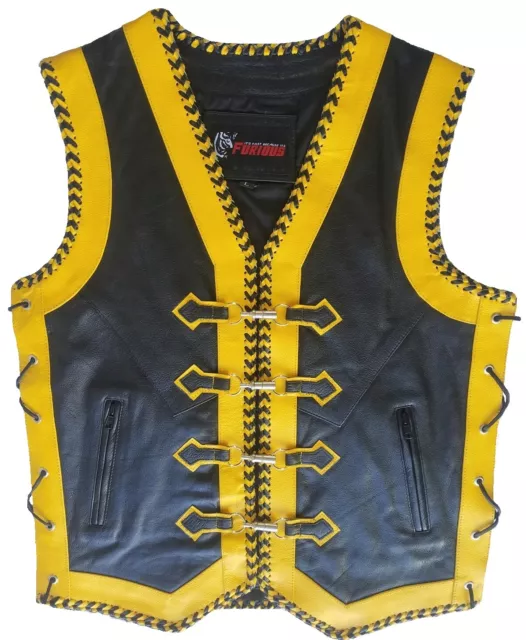 Motorcycle Leather Vest Designer Braided Rider Leather Black & Yellow Biker Vest