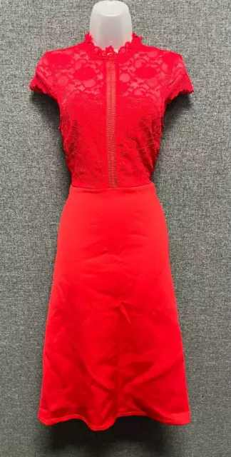 Asos High Neck Midi Skater Dress Lace Top Red UK 10 rrp £55 DH9 ZZ 07