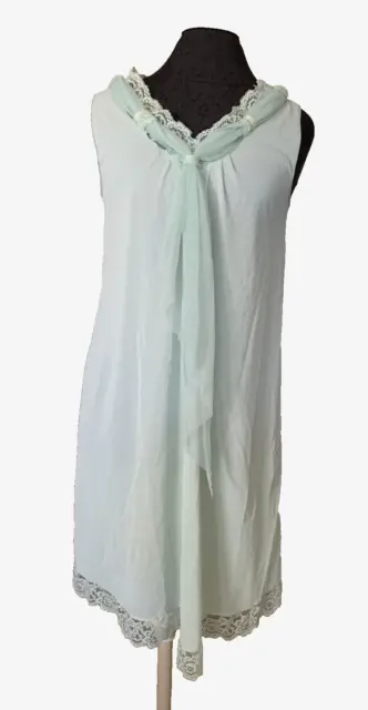 Vintage 1960s Mint Green Nylon Lace Chiffon Tie Elegant Retro Nightgown  - Sz S