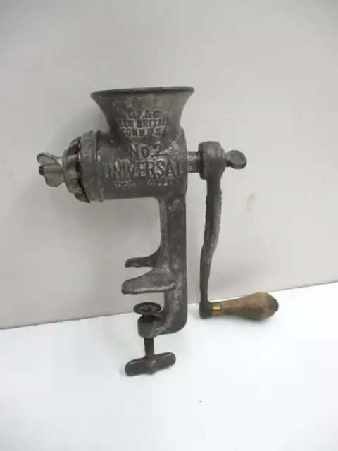 Vtg Food Chopper Meat Grinder w/Wood Handle Crank Pat.  Granny Cottage Core.