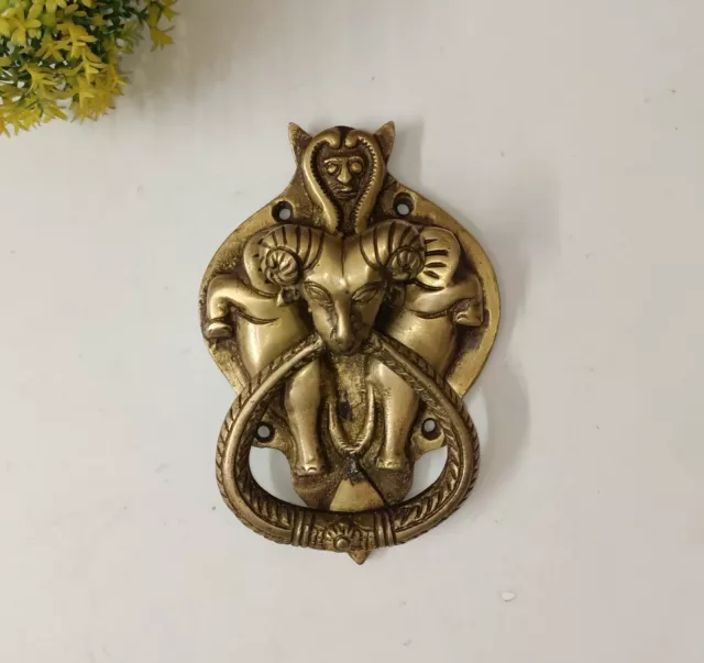 Brass Baphomet Face Door Knocker With Twin Elephants Bell Victorian Design AJ043
