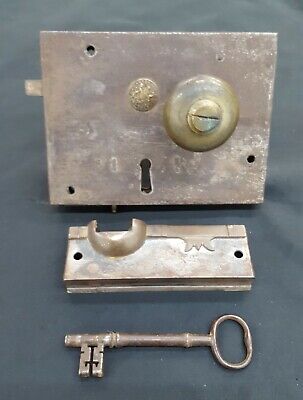 1800's Left Sided Authentic Carpenter Rim Lock Set with Keeper Knobs & Key