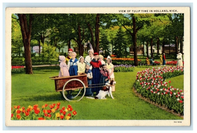 c1930's View Of Tulip Time In Holland Michigan MI Childrens In Cart Dog Postcard