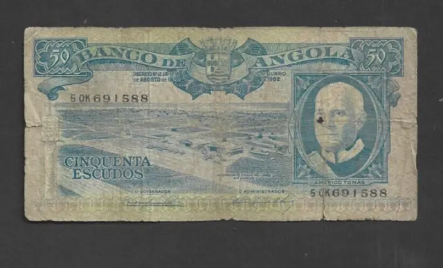 50 Escudos Vg-Poor  Banknote From  Portuguese Angola 1962  Pick-93