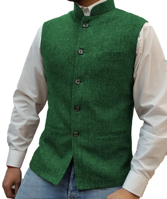 Formal Mens Stand-Up Collar Vests Tweed Waistcoat Herringbone Wedding Retro Wool