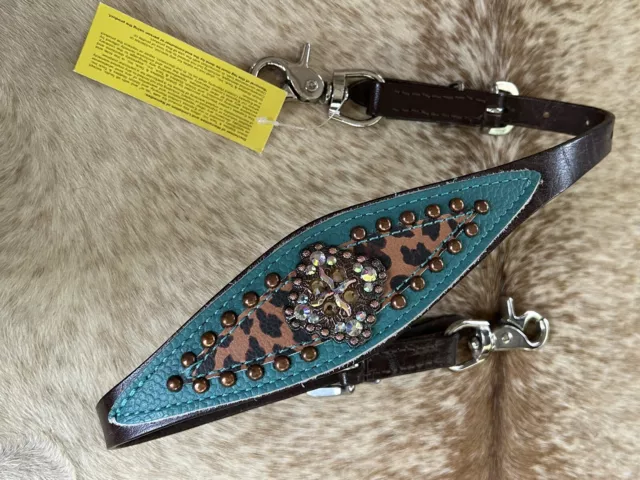 Dark Oil Leather Teal with Cheetah Western Wither Strap For Breast Collar Tack