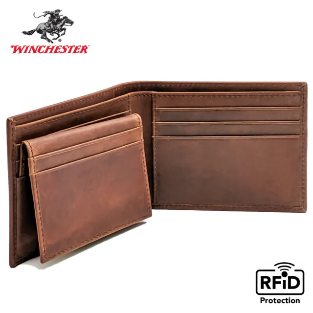 Winchester Mens Passcase Bifold Wallet RFID Blocking Full Grain Genuine Leather
