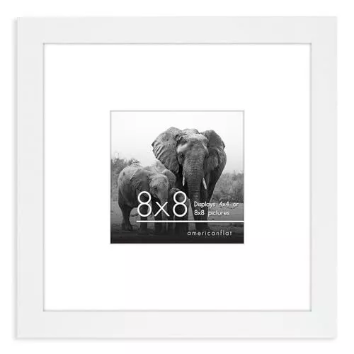 Americanflat 8x8 Picture Frame in White - Displays 4x4 With Mat and 8x8 Witho...