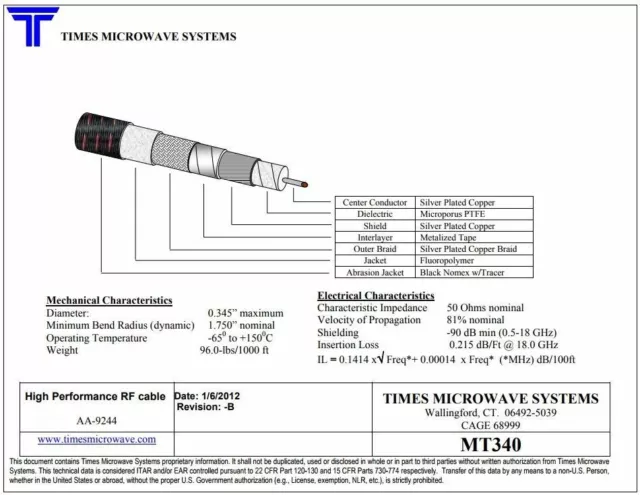 TIMES MICROWAVE MILTECH  N TO N  160CM  18GHz  RUGGED RF TEST CABLE        fd6a7 3