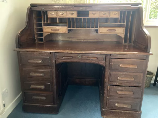 Edwardian antique oak twin pedestal roll top tambour front writing desk