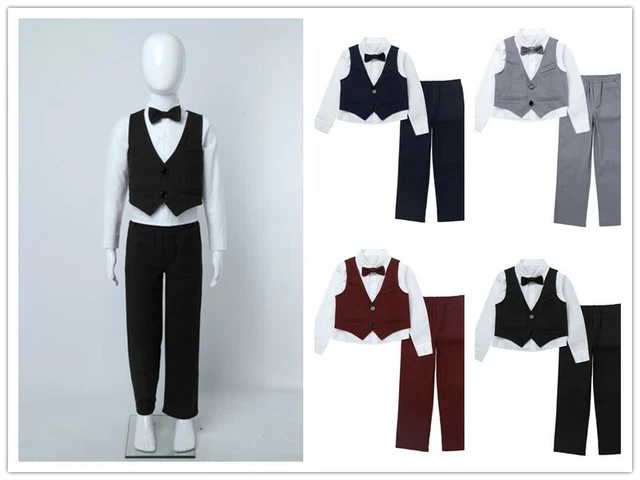 Baby Boys Wedding Formal Suit Long Sleeve Shirt Pants Vest Blazer Outfit Set UY