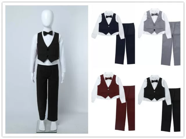 Kids Boys Wedding Formal Suit Long Sleeve Shirt Pants Vest Blazer Outfit Set HO