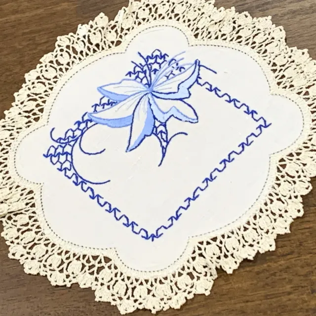 Stunning Blue Floral - Hand Embroidered Cream Doily 27cm 3