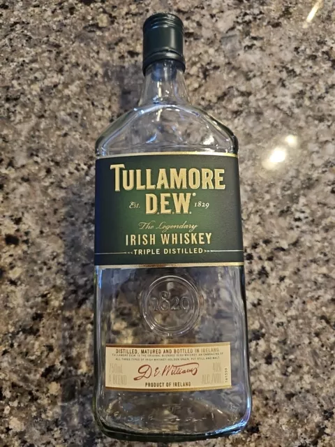 Tullamore Dew Irish Whiskey Glass Bottle With Cap 10"  750ml Empty Ireland