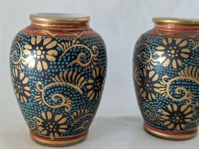 Pair of Antique / Vintage Japanese Satsuma Minature Enamel Vases 3