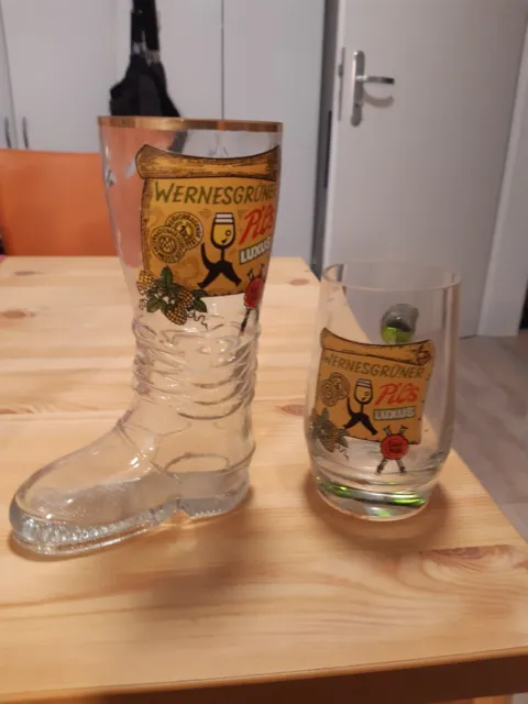 Glas Bierglas  Wernesgrün Stiefel und Henkelklass 0,25 und 0,2 Liter