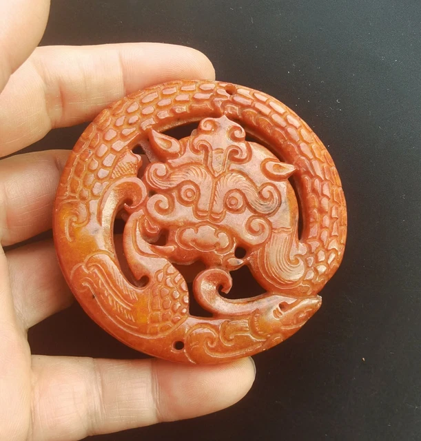 Chinese ancient two hole dragon jade stone pendant,red amulet rope necklace bead