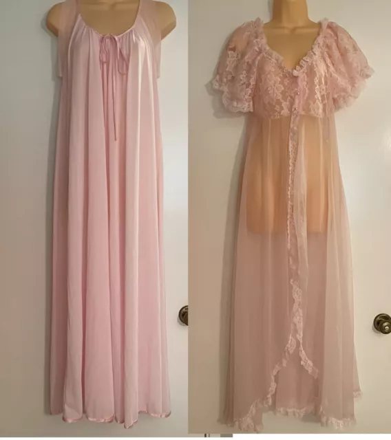 Vtg TOSCA Lingerie PINK Long NIGHTGOWN Sheer CHIFFON Lace PEIGNOIR ROBE Set L 38