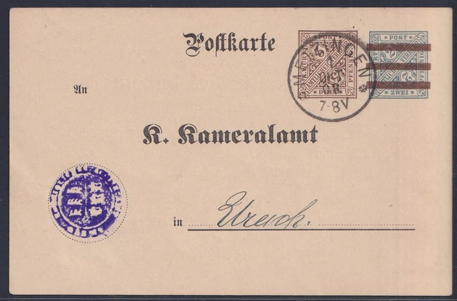 52504) Ganzsache Behörden-Postkarte Mi.-Nr. DPB 2a Kameralamt METZINGEN 1908