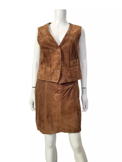 Completo Tailleur Donna Giacca Gilet Gonna Camoscio Marrone Taglia 46 Italy