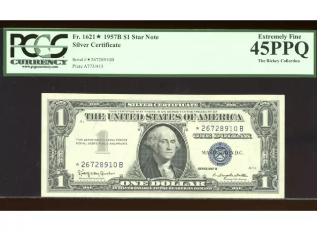$1 1957-B Silver ⭐️STAR *B Block Fr. 1621* PCGS 45 PPQ Serial *26728910B