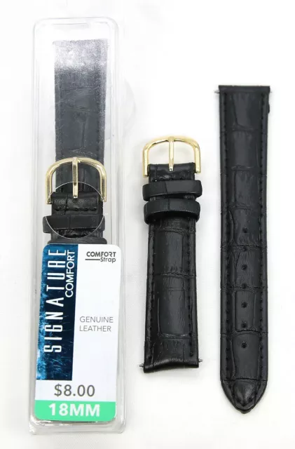 18Mm Black Mens Comfort Strap Crocodile Genuine Leather Watch Band !