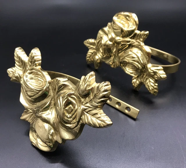 2 Vtg Heavy Solid Brass Drapery Curtain Hold Tie Backs Roses Victorian Cottage