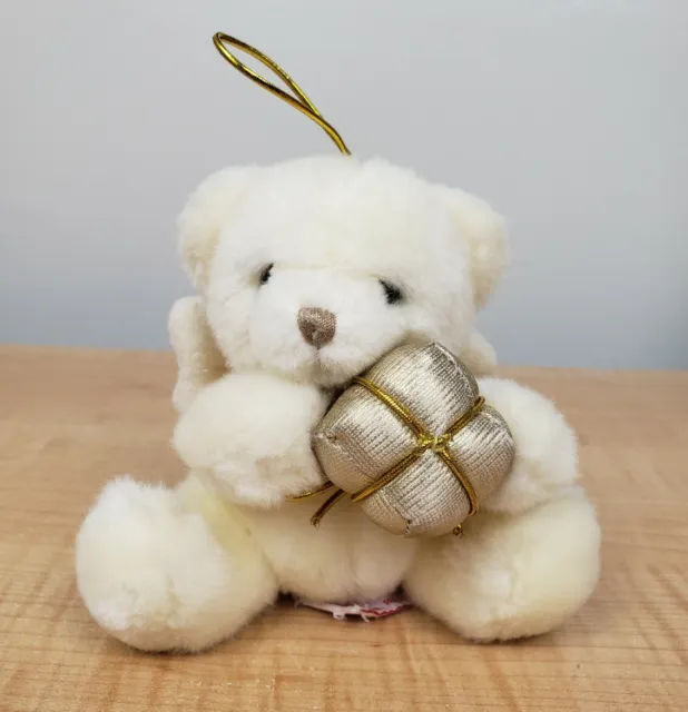Russ Berrie Plush Angel And Present Teddy Bear Ivory Cream Gold Ornament